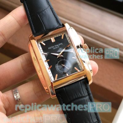 High Quality Clone Patek Philippe Gondolo Black Dial Black Leather Strap Men's Watch